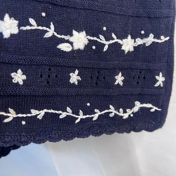Worthington Vintage Navy Embroidered Crochet Knit Short Sleeve Sweater Large - Picture 5 of 11